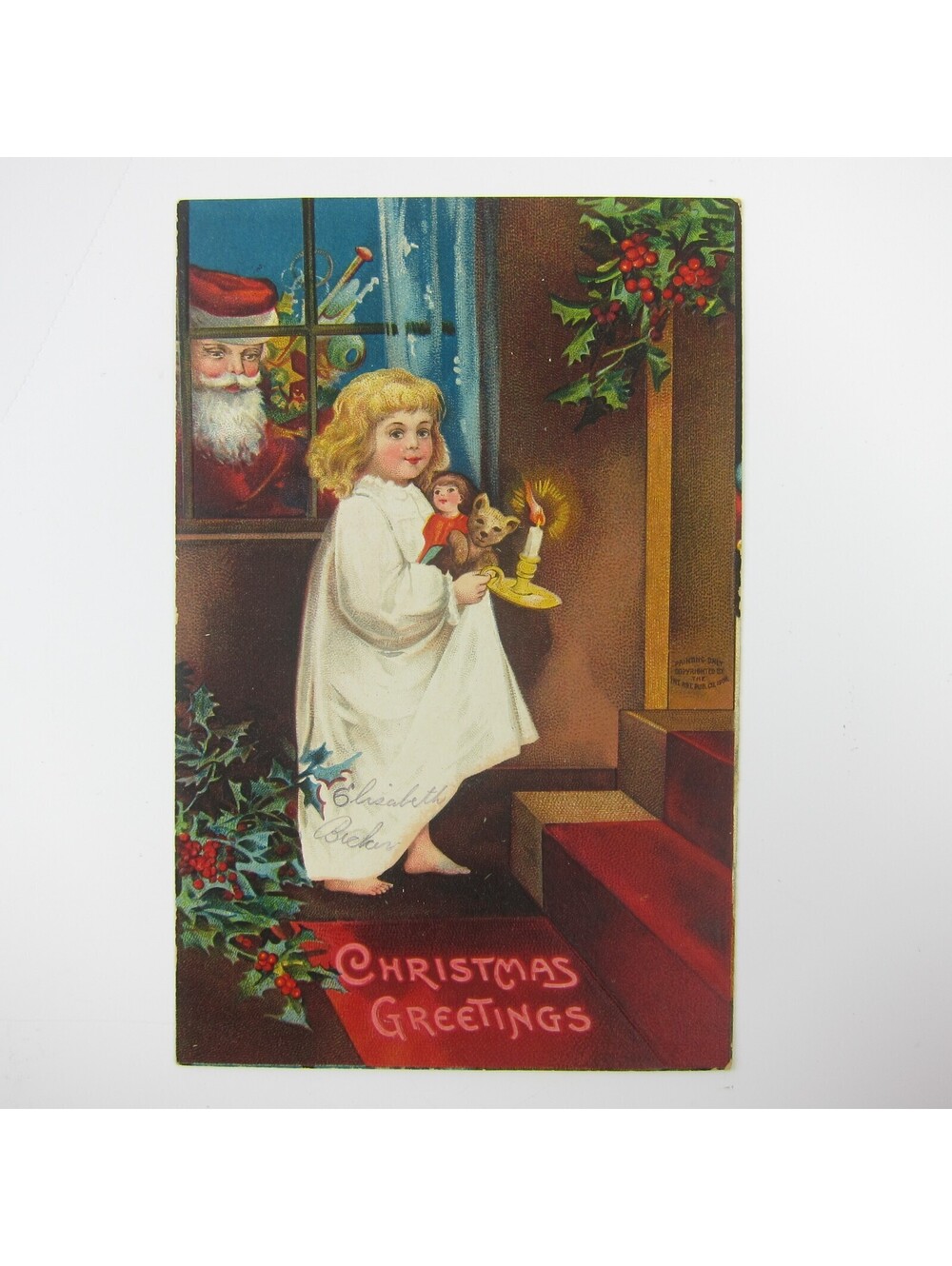 Vintage Christmas Postcard Santa in Window Girl Toys & Candle Clapsaddle Antique